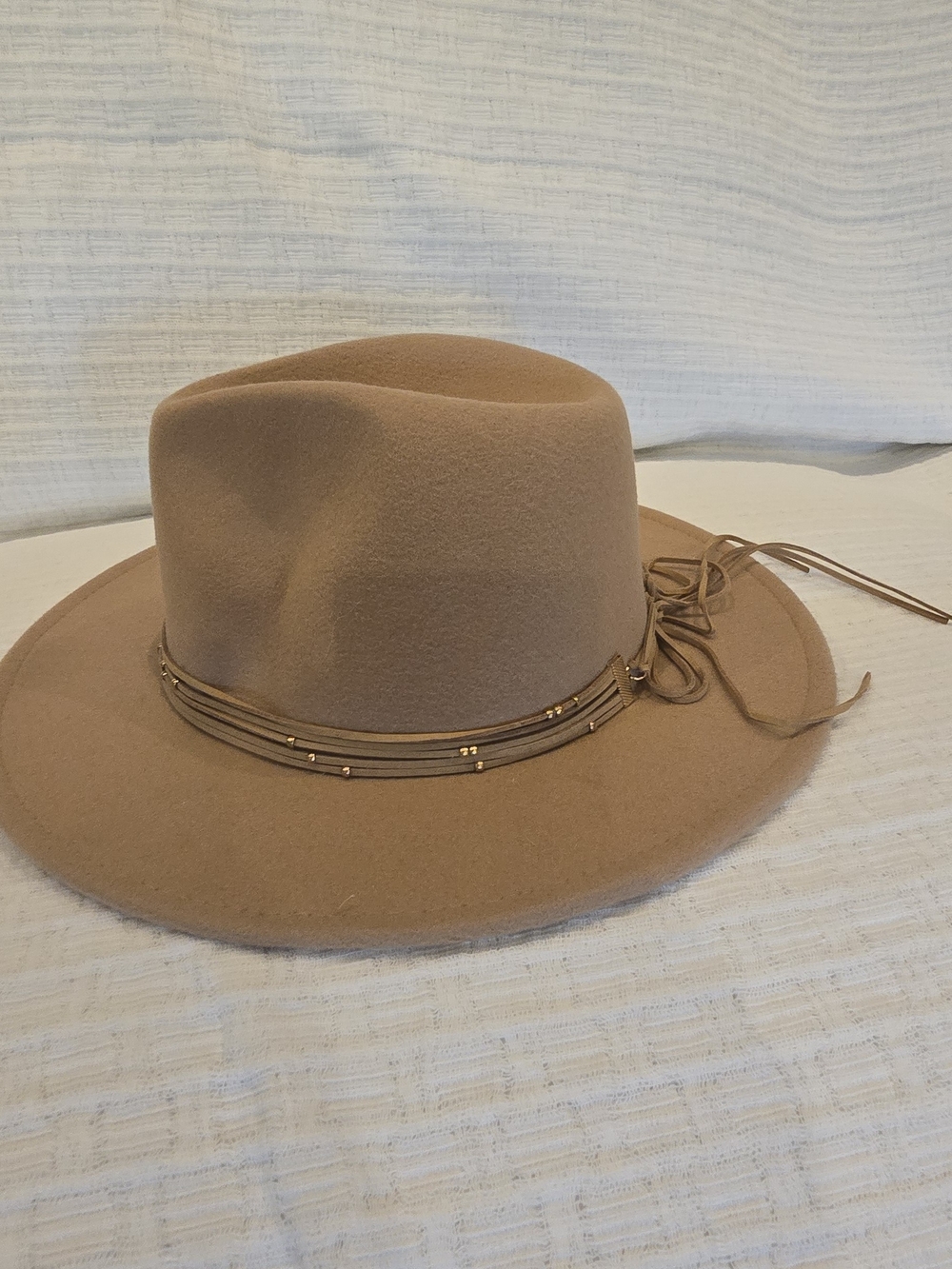Camel Tan Wide Brim Fedora Hat Boho Western Tassel Beaded Band
